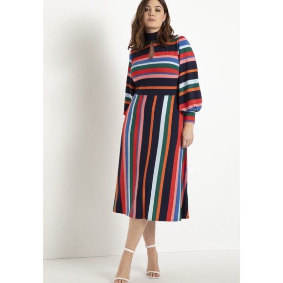 ELOQUII A-Line Puff Sleeve Dress Midi Rainbow Stripe size 24 NWTs - Picture 1 of 8